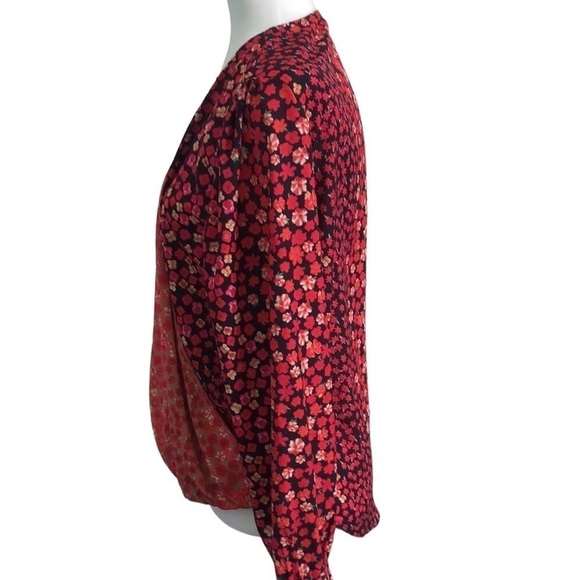Floral Red Multicolored Boho Twisted Wrap Blouse Shirt Size Small - Picture 6 of 13